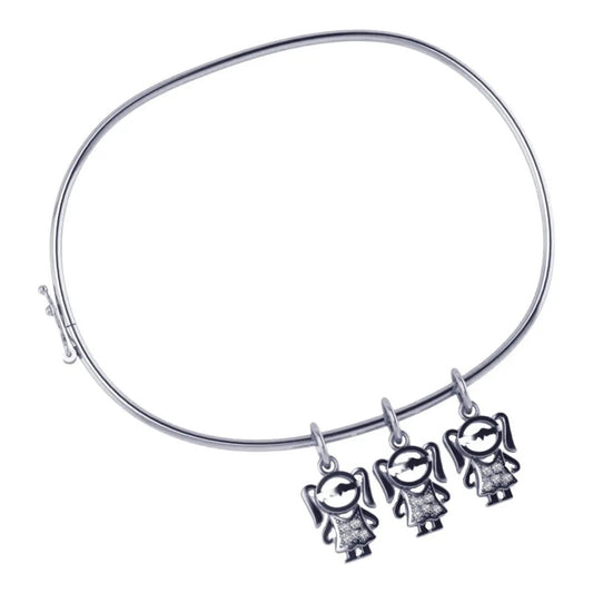 Pulseira Bracelete Rígido Prata 925 - Pingentes 3 Meninas 19 Cm
