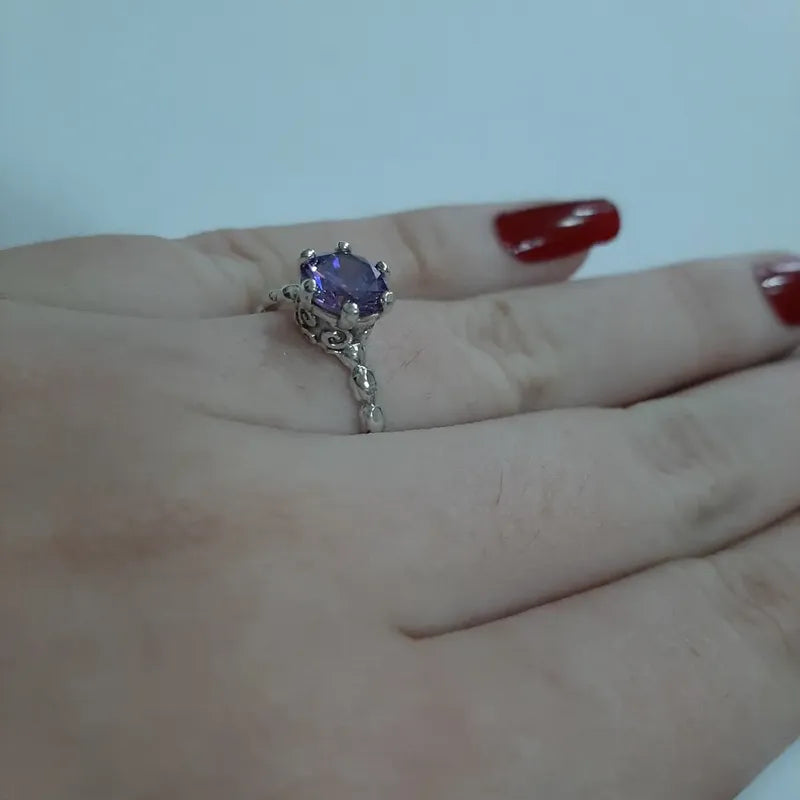 Anel Solitário  Prata 925 Ametista - Exclusivo