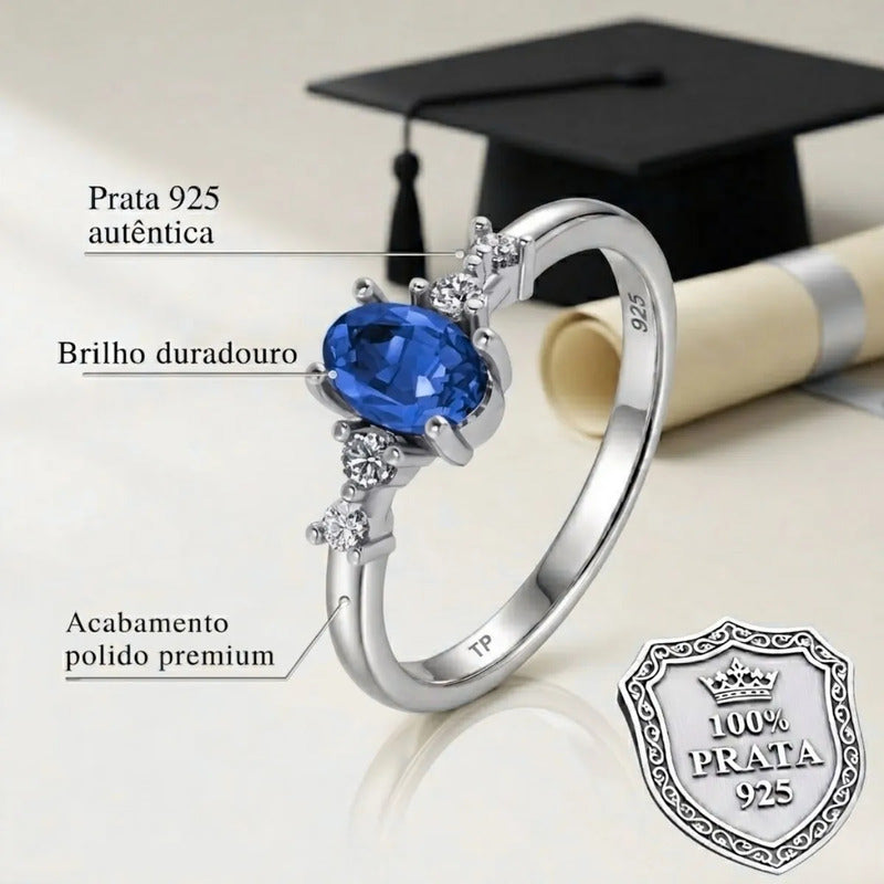 Anel Formatura Feminino Prata 925 + Caixinha Capelo Safira 14
