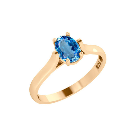 Anel Solitário Oval Em Prata 925 Dourada 18k - Topázio Azul