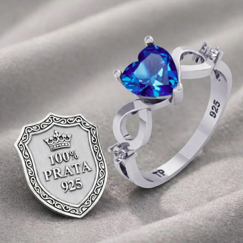 Anel Prata 925 Infinito Amor Coração - Safira Azul