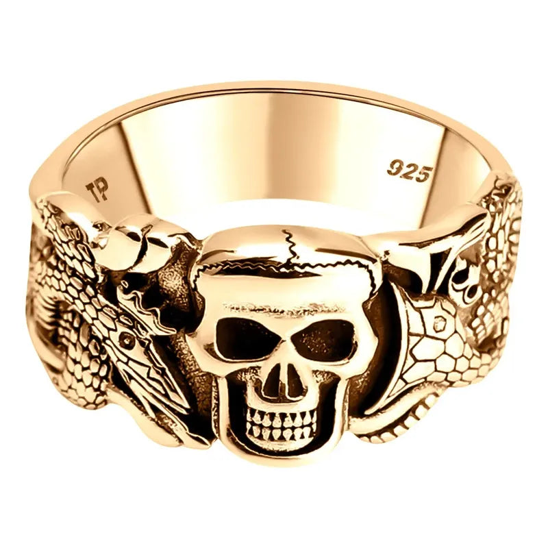 Anel Masculino Caveira Serpente Prata 925 Dourada Ouro 18k