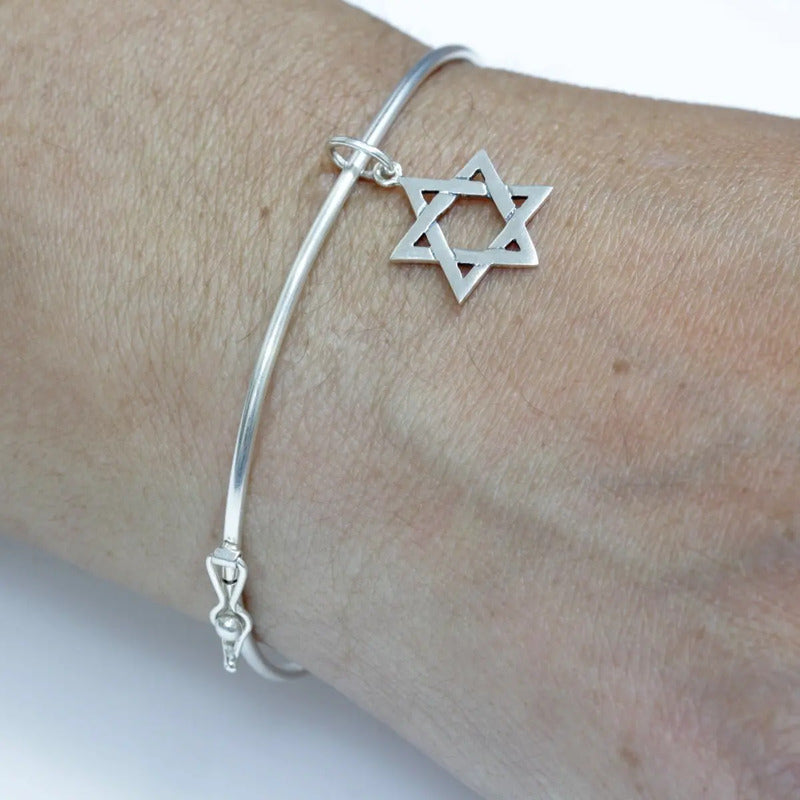 Pulseira Bracelete Rígido Prata 925 - Estrela De David 19 Cm