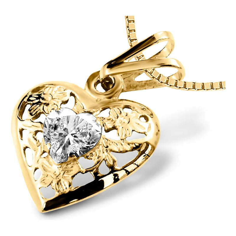 Colar Filigrana Coração Prata 925 Dourada 18k - Zircônia Zircônia