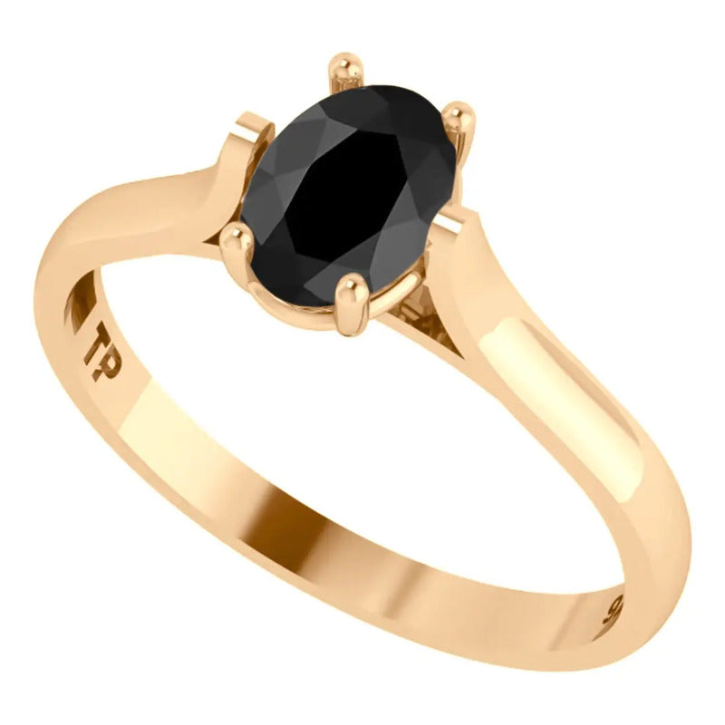 Anel Solitário Oval Em Prata 925 Dourada 18k - Black Ônix