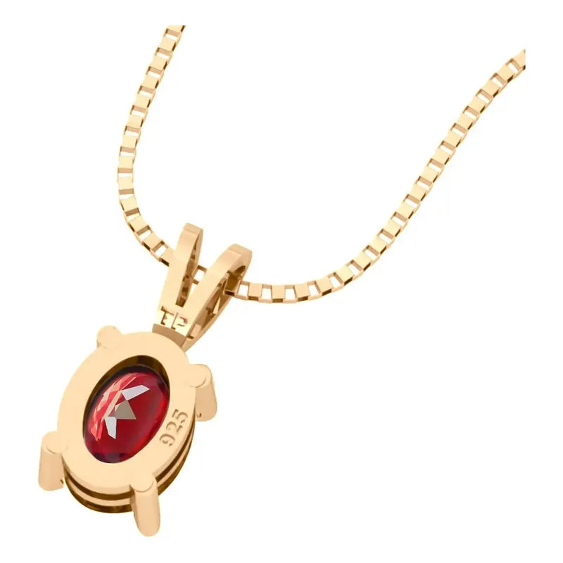 Colar Pingente Oval Prata 925 Dourada 18k - Granada Vermelho