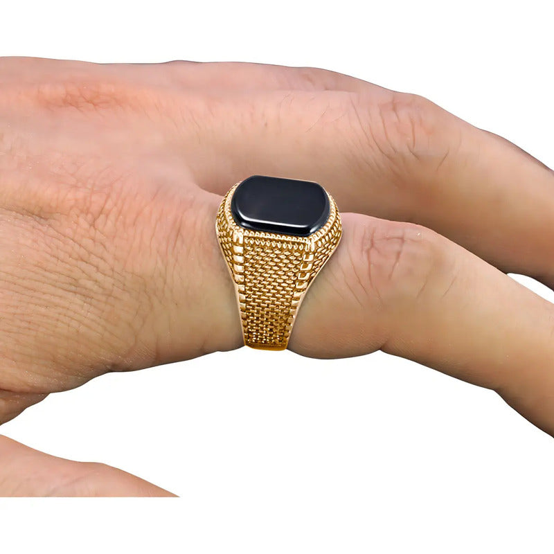 Anel Maspculino Prata 925 Banhada Ouro 18k Ônix Moderno Tudo Prata Dourado 22
