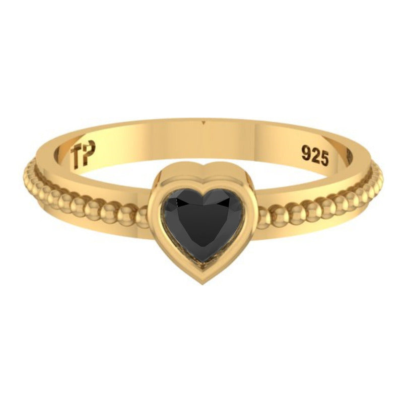 Anel Prata 925 Dourada 18k Solitário Coração - Onix
