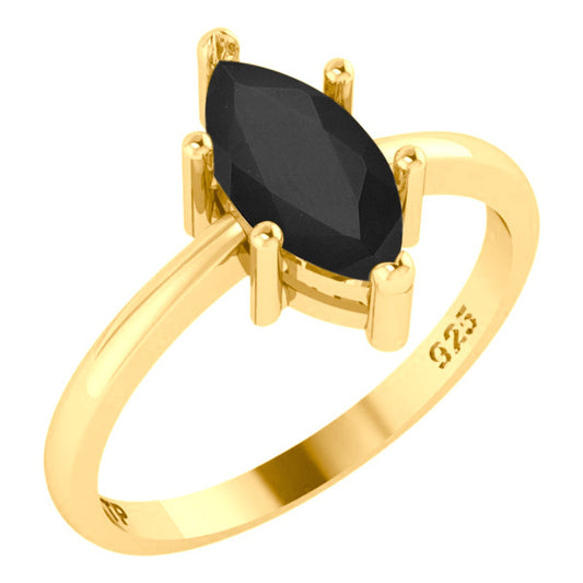 Anel Navete Prata 925 Dourada Ouro 18k - Black Ônix