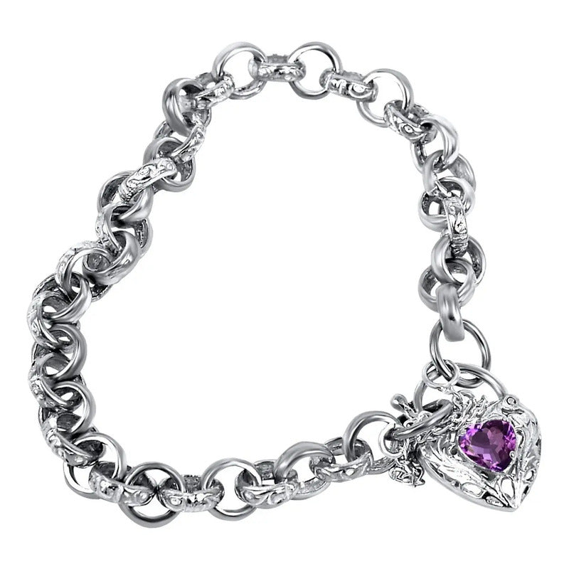 Pulseira Prata 925 Elo Português Ametista- Fecho Coração