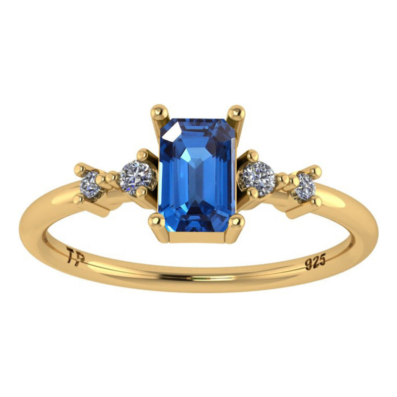 Anel Viena Retangular Prata 925 Dourada 18k - Safira