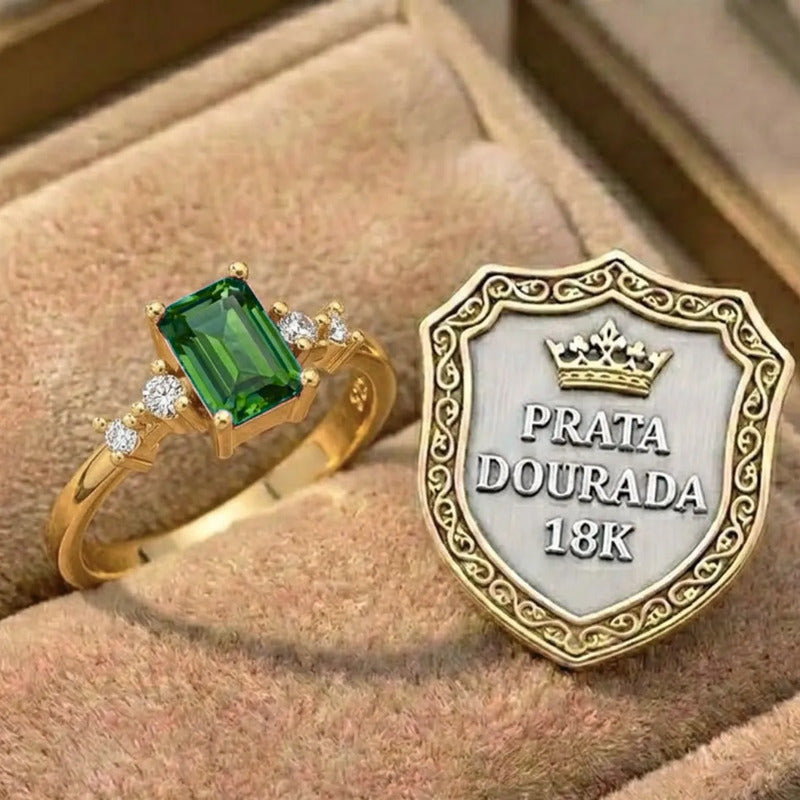 Anel Viena Retangular Prata 925 Dourada 18k - Esmeralda