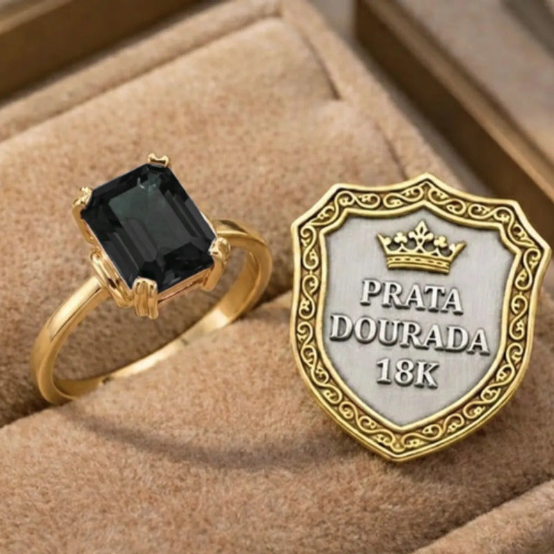 Anel Vintage Onix Prata 925 Dourada  Ouro 18k - Feminino