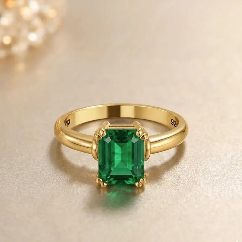 Anel Vintage Esmeralda Prata 925 Dourada  Ouro 18k- Feminino
