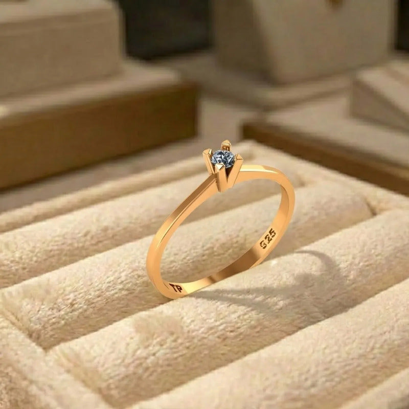 Anel Solitário Clássico Prata 925 Dourada 18k - Zircônia