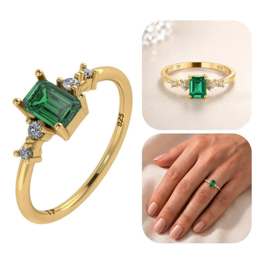 Anel Viena Retangular Prata 925 Dourada 18k - Esmeralda