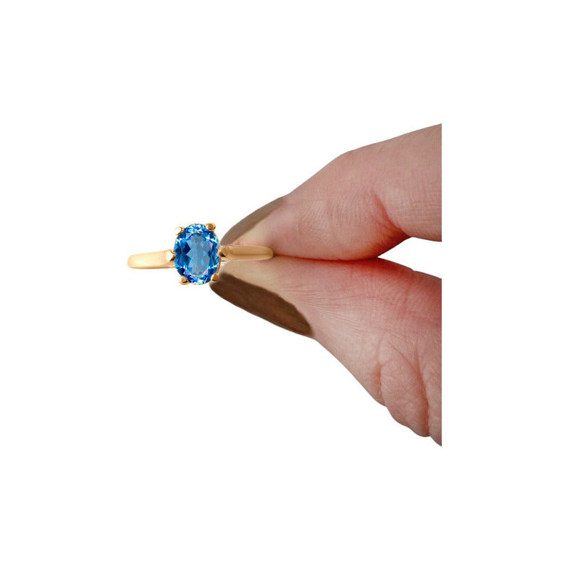 Anel Solitário Oval Em Prata 925 Dourada 18k - Topázio Azul