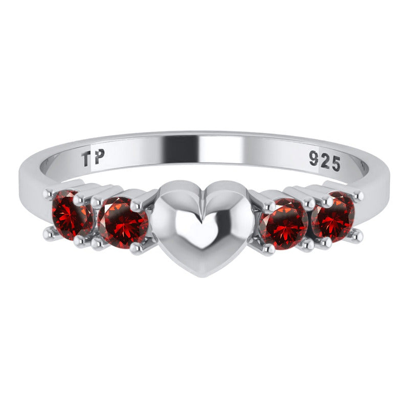Solid Heart Ring In Pure 925 Silver - Garnet