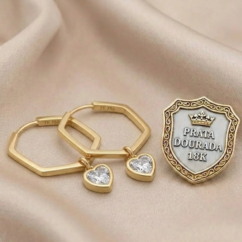 Brinco Argola Hexa Prata 925 Dourada 18k Zirconia Coração Dourado
