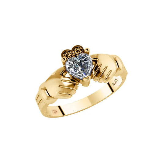 Anel Claddagh Irlandes Prata 925 Dourada 18k - Zircônia
