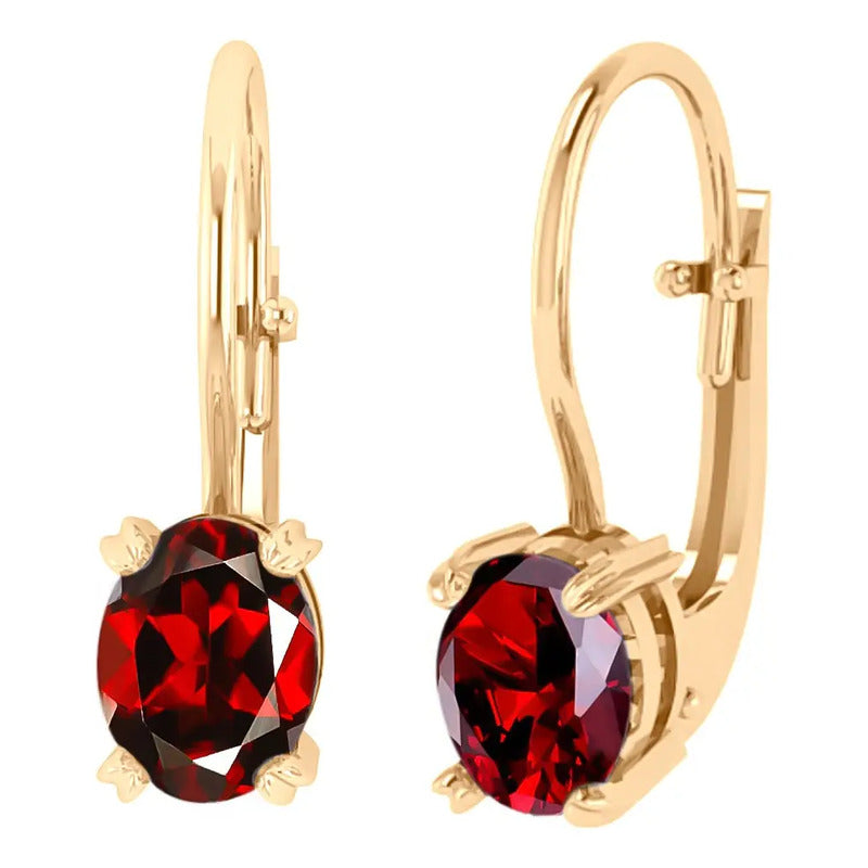 Brinco Trava Pura Prata 925 Dourada 18k - Granada Oval Vermelho