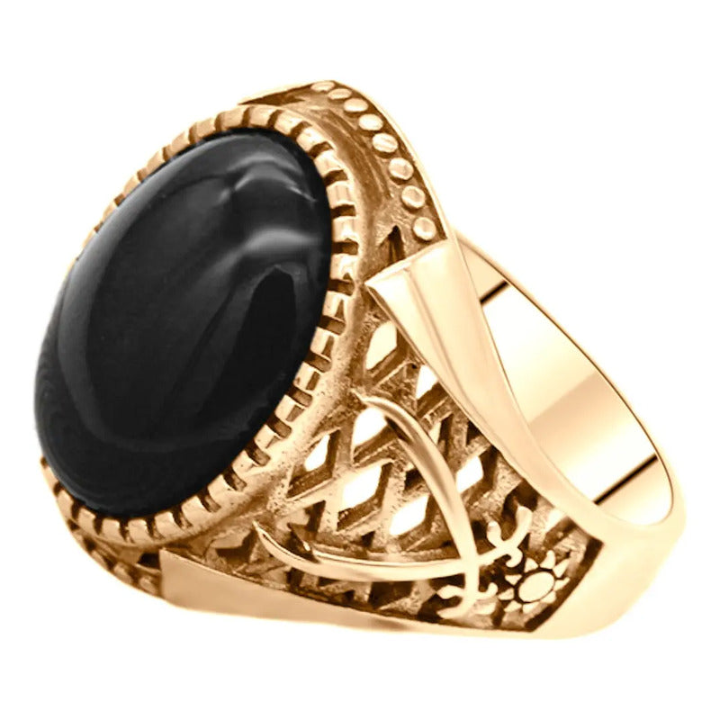Anel Masculino Oval Prata 925 Dourada  Ouro 18k - Black Ônix