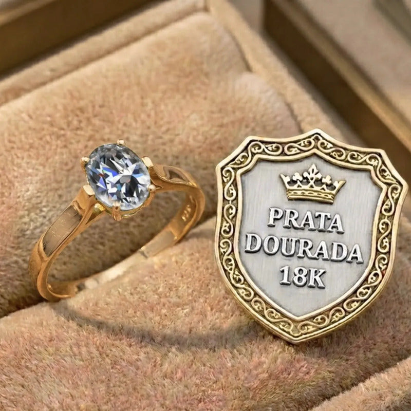 Anel Solitário Oval Em Prata 925 Dourada 18k - Zircônia