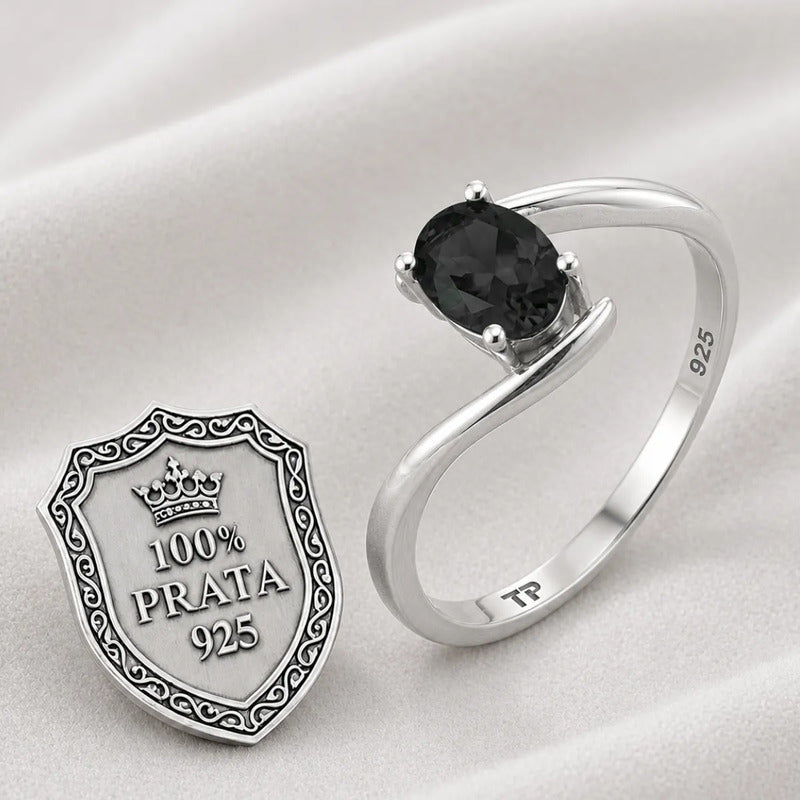 Anel Prata 925 Solitário Miami Black Onix Natural- Exclusivo