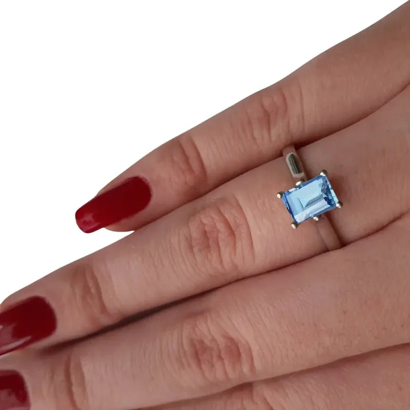 Anel Solitário Prata 925 Zirconia Retangular - Exclusivo
