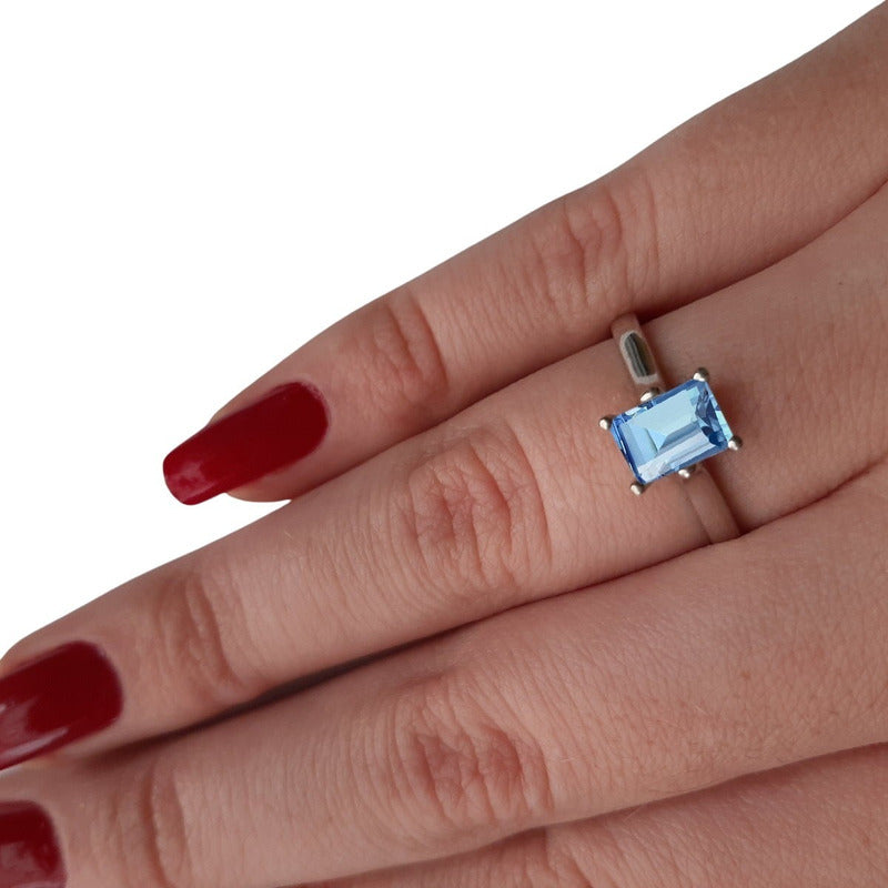 Anel Solitário Prata 925 Zirconia Retangular - Exclusivo