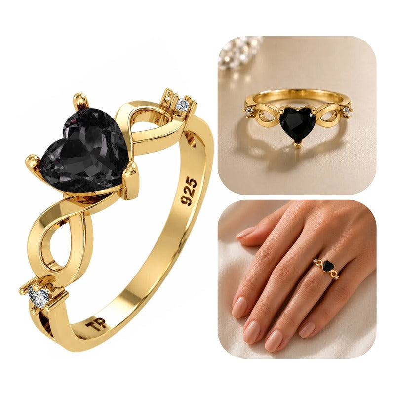 Anel Prata 925 Dourada 18k Infinito Amor Coração - Onix