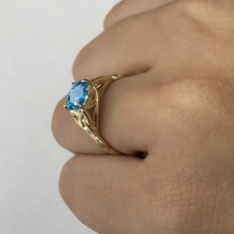 Anel Prata 925 Dourada 18k Celta Knot Trinity - Topázio Azul