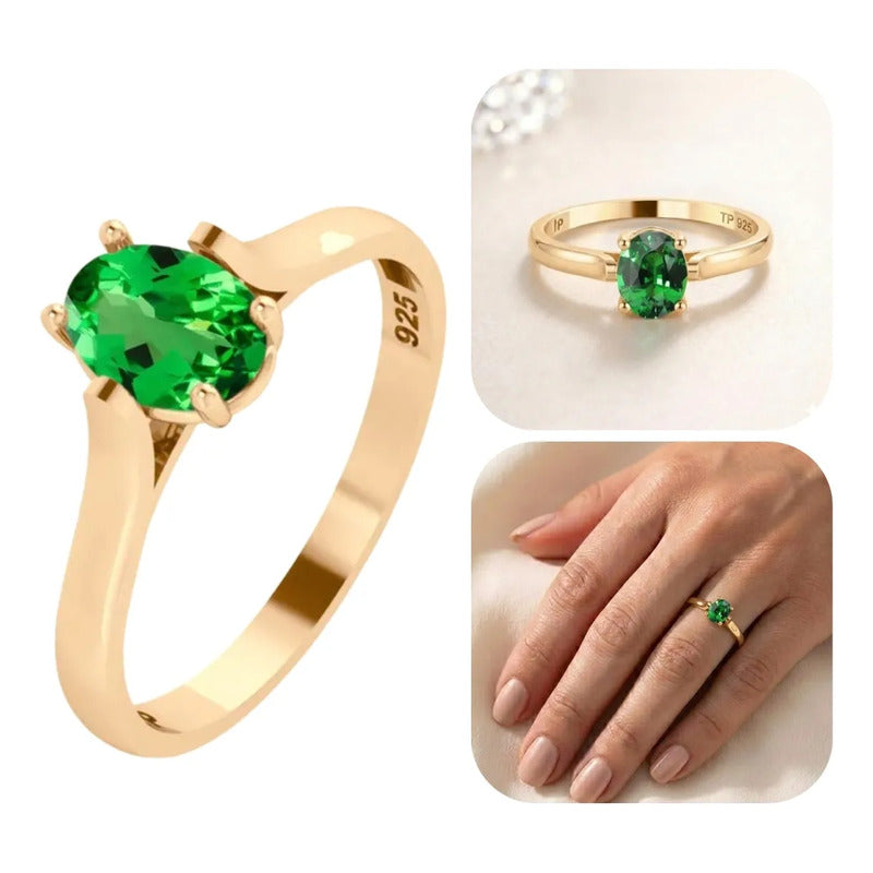 Anel Solitário Oval Em Prata 925 Dourada 18k - Esmeralda