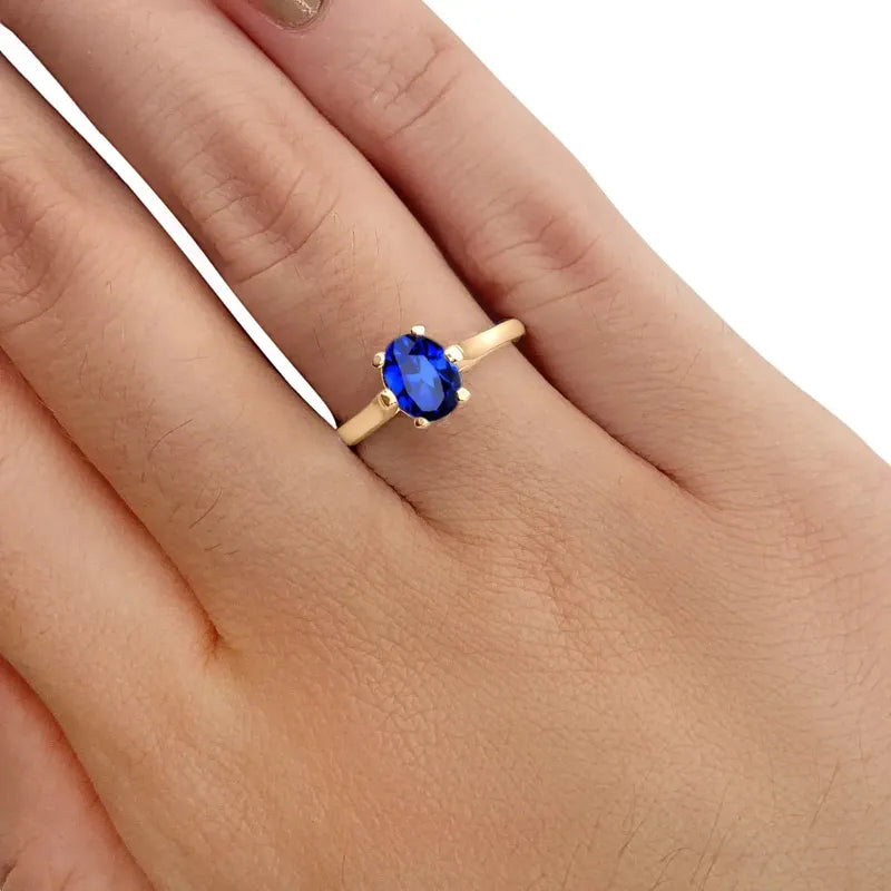 Anel Solitário Oval Em Prata 925 Dourada 18k - Safira