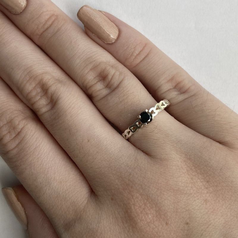 Anel Luxo Pura Prata 925 Corações Black Onix- Exclusivo