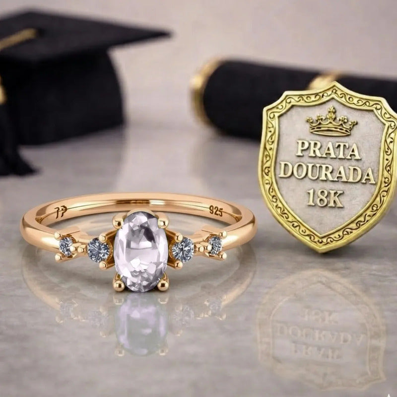 Anel Formatura Diversas Areas Prata 925 Dourada 18k + Capelo Zircônia 16-17