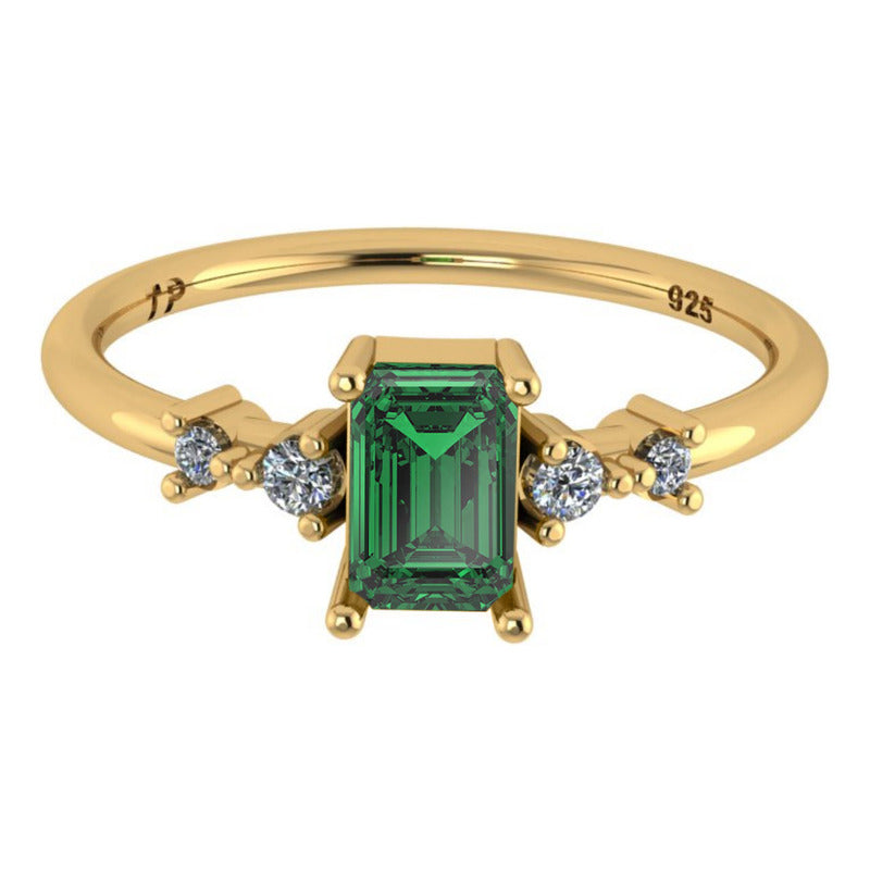 Anel Viena Retangular Prata 925 Dourada 18k - Esmeralda