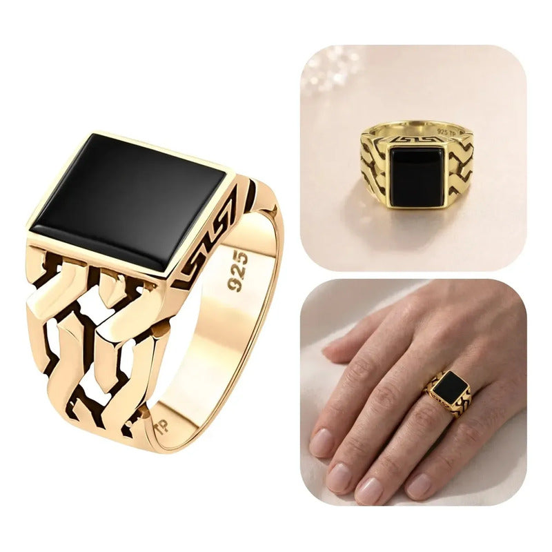 Anel Masculino De Prata 925 Banhado A Ouro 18k Com Ônix Negro Preto 30
