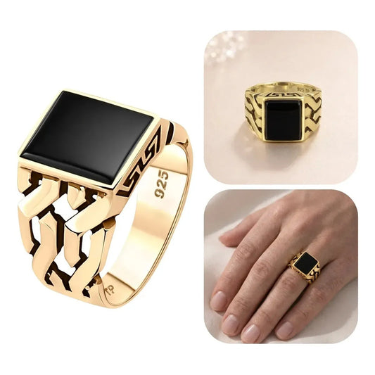 Anel Masculino De Prata 925 Banhado A Ouro 18k Com Ônix Negro Preto 30