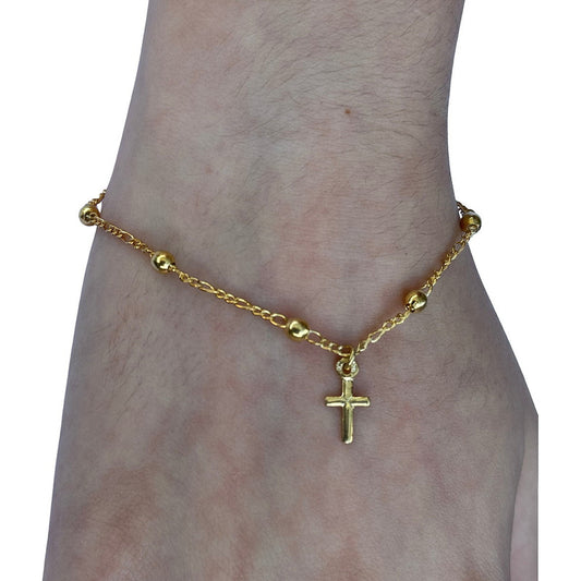 Pulseira Prata 925 Dourada 18k Bolinha 3mm - Pingente Cruz