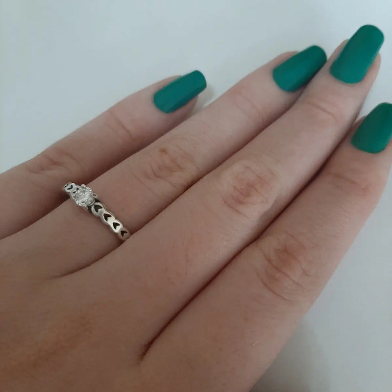 Anel Luxo Pura Prata 925 Corações Zirconia