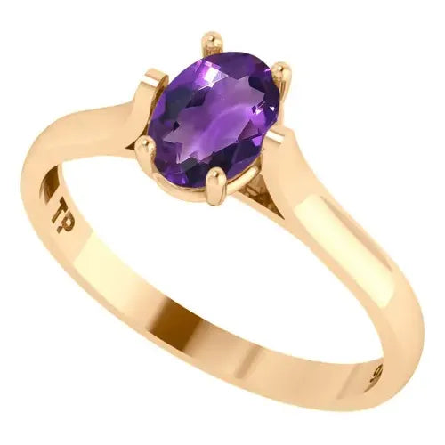 Anel Solitário Oval Em Prata 925 Dourada 18k - Ametista