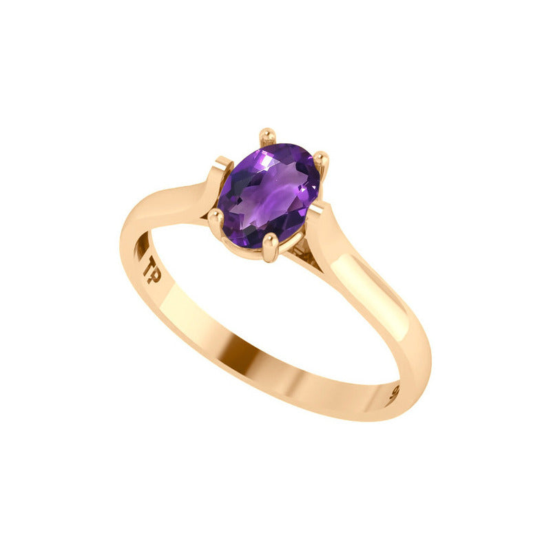Anel Solitário Oval Em Prata 925 Dourada 18k - Ametista