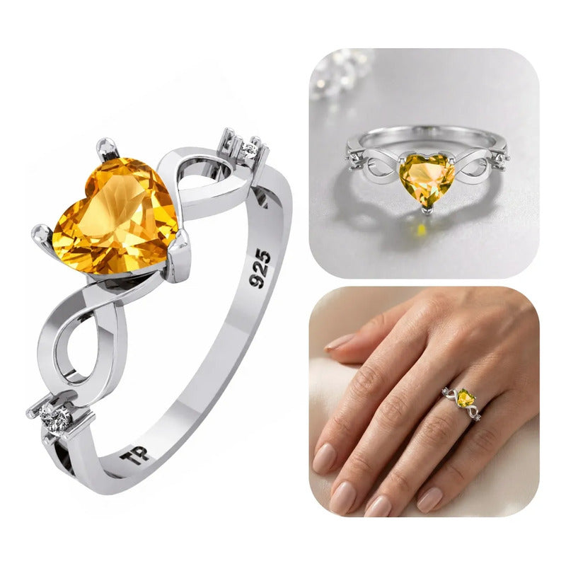 Anel Prata 925 Infinito Amor Coração - Citrino Amarelo 18