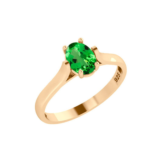 Anel Solitário Oval Em Prata 925 Dourada 18k - Esmeralda