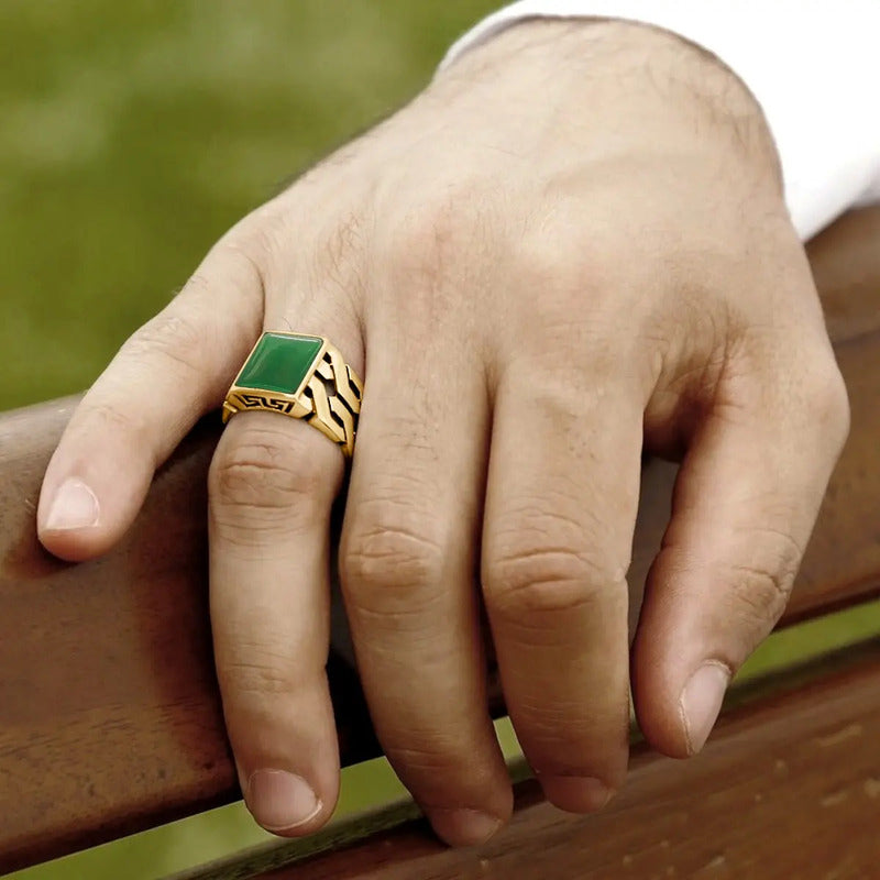 Anel Masculino Elos Prata 925 Dourada Ouro 18k - Ágata Verde