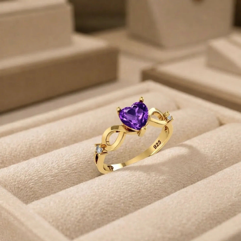 Anel Prata 925 Dourada 18k Infinito Amor Coração Ametista