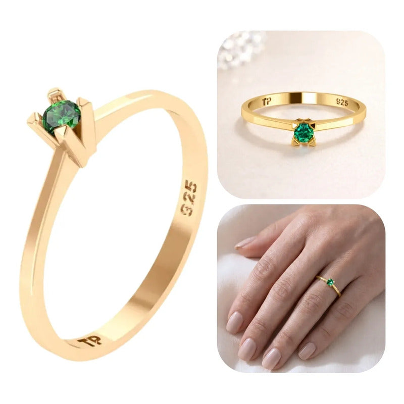 Anel Clássico Solitário Prata 925 Dourada 18k - Esmeralda