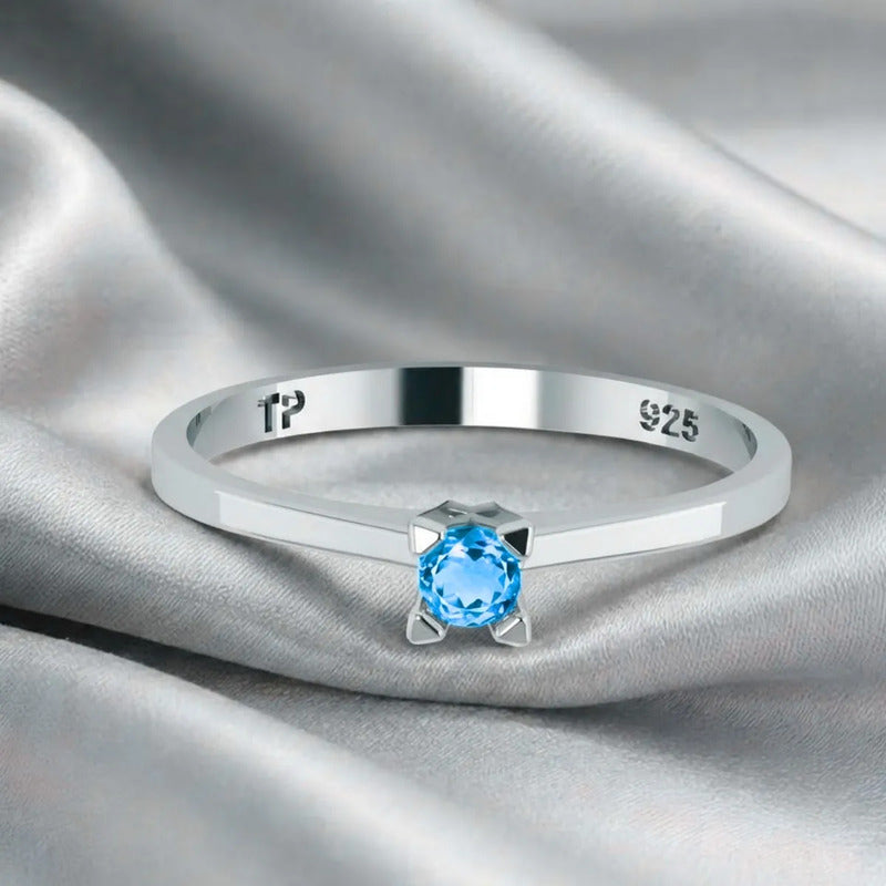 Anel Solitário Topázio Azul Tradicional Prata 925 - Feminino