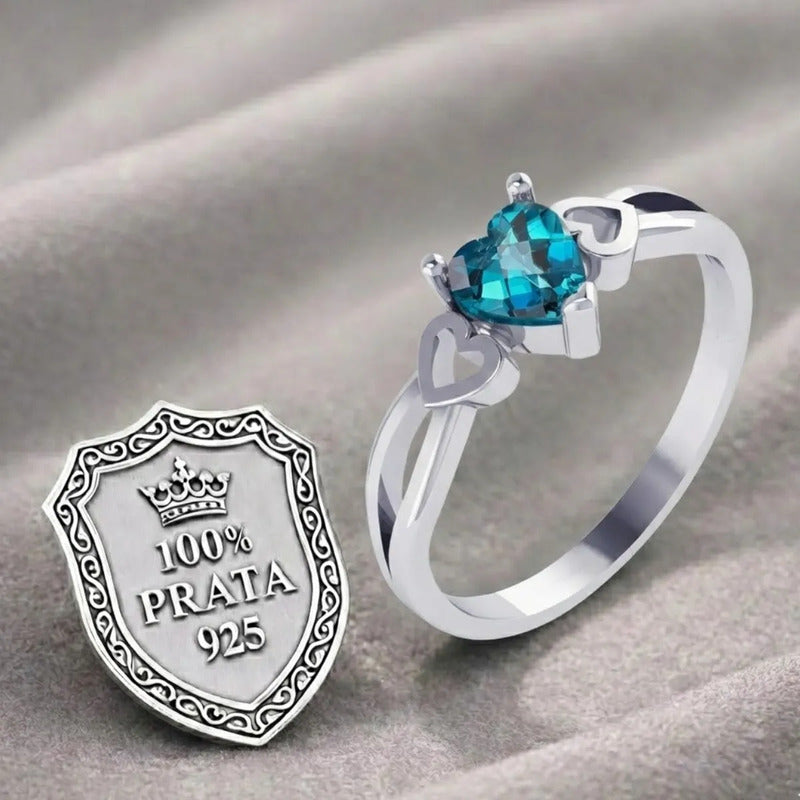 Anel Prata 925 Eterno Coração Topázio Azul - Exclusivo